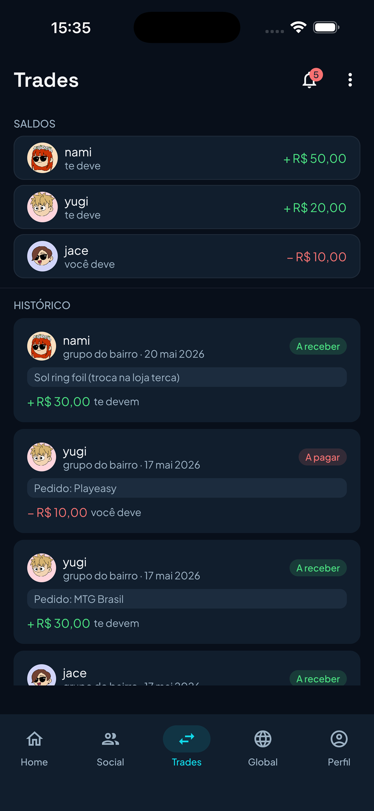 Trades saldos e histórico